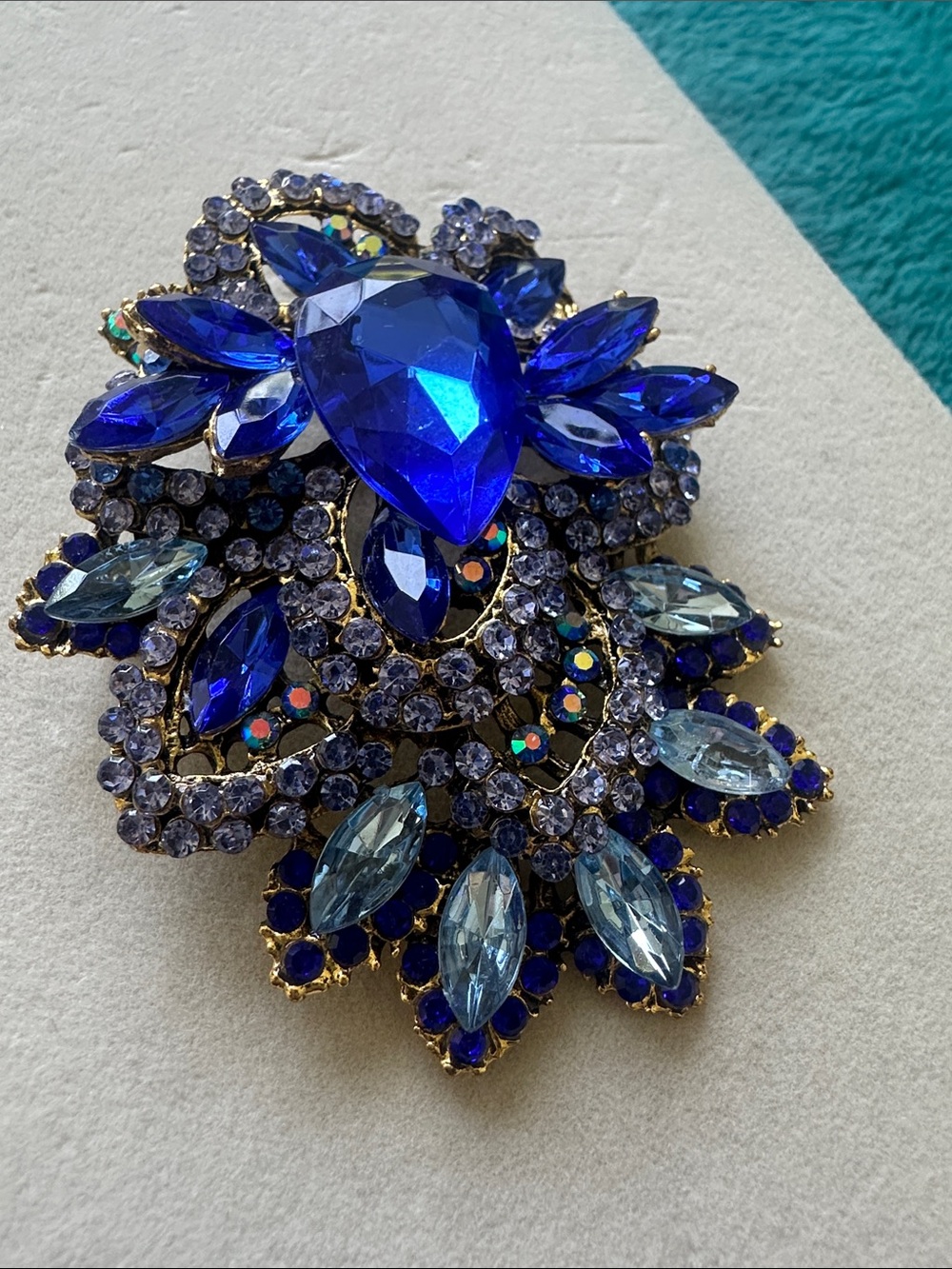Blue Crystal Teardrop Large Brooch